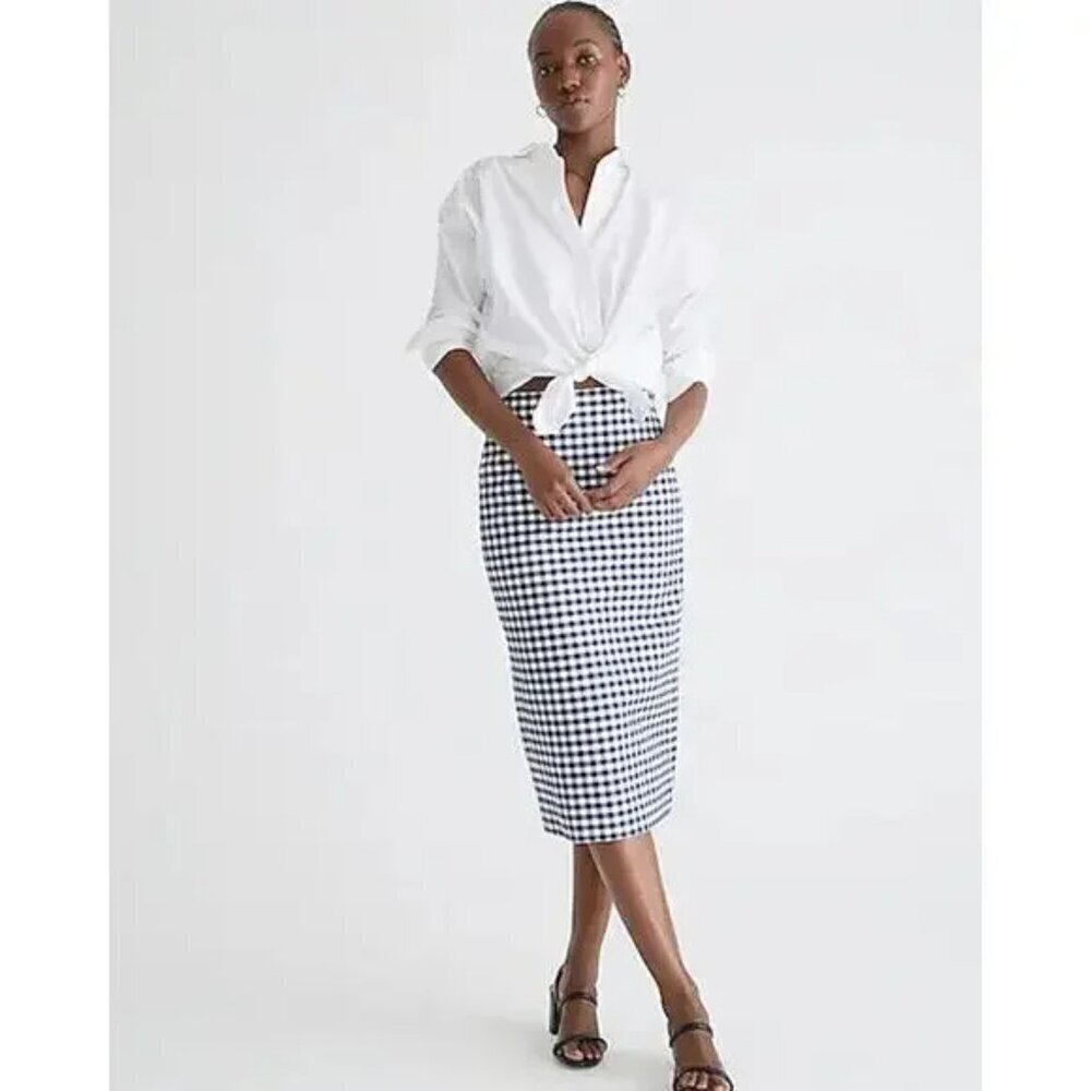 J Crew Petite No 3 Pencil Skirt NWT Bi-Stretch Midi Blue White Gingham Size 12P